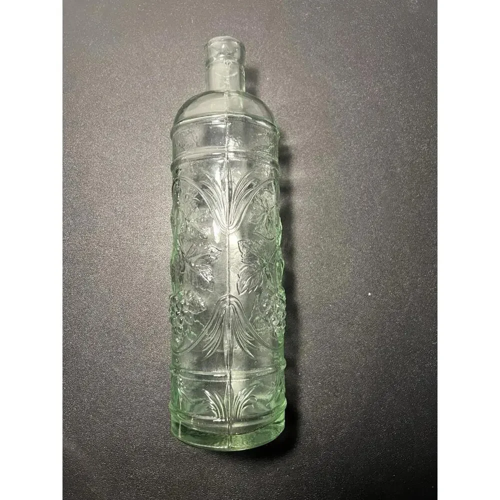 Williams Sonoma Spain 1990s Embossed Green Glass Bottle Grapevine Motif, 11.5”